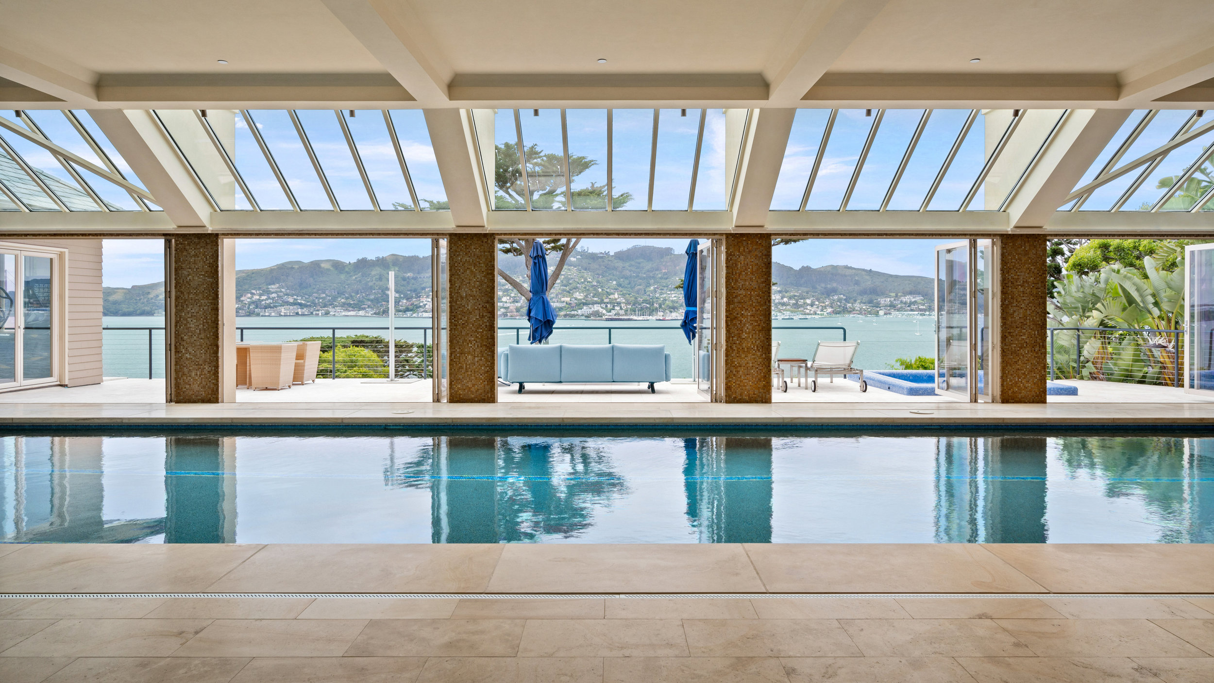 View of 333 Belvedere, showing the indoor pool and San Francisco Bay beyond