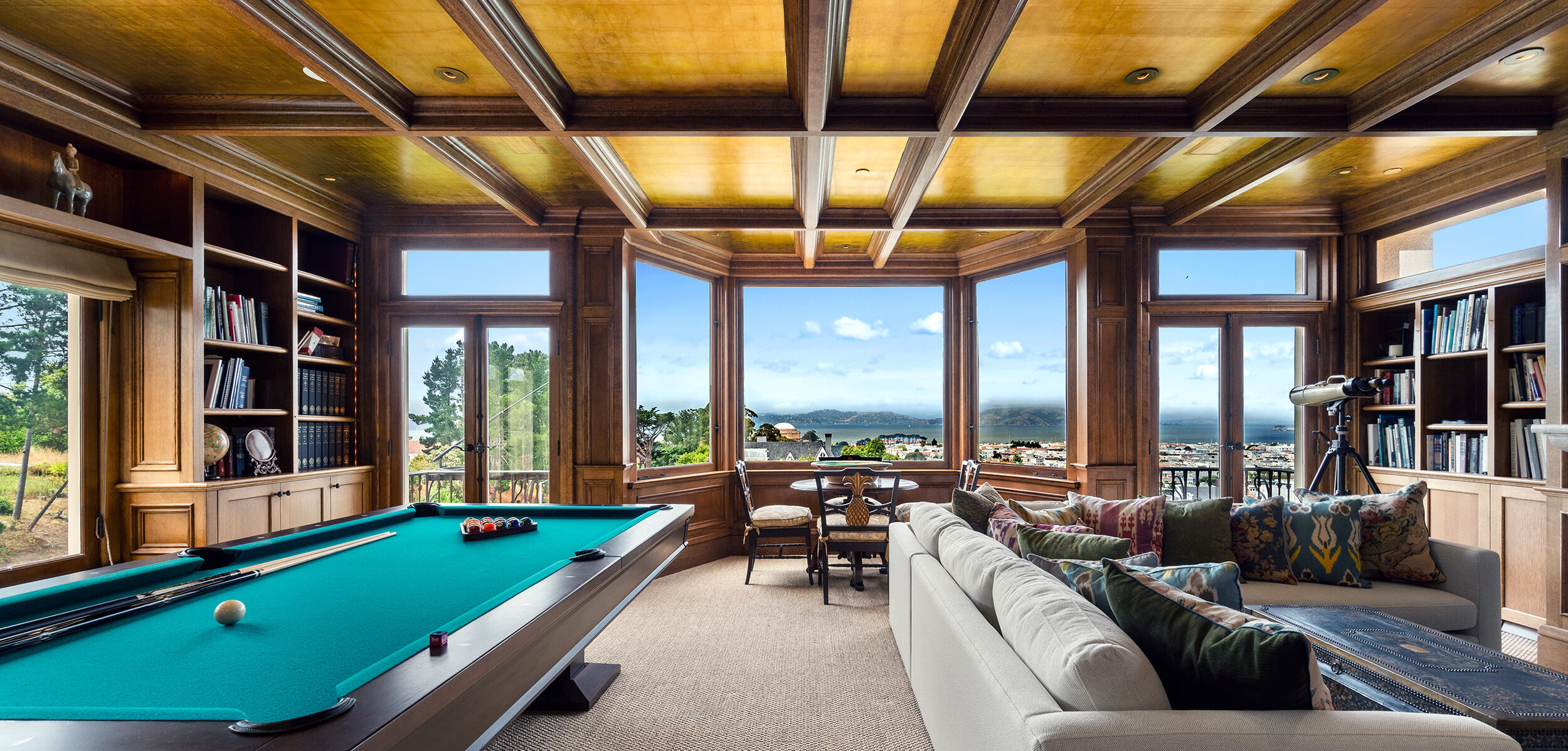 View of a large living area at 2880 Greet Street in San Francisco, featuring views of the Bay